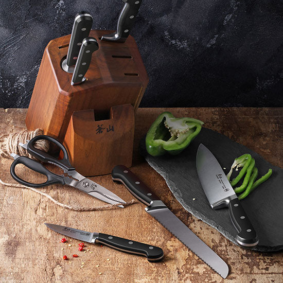 Cangshan TV2 Series 1023039 Swedish Sandvik 14C28N Steel Forged 8-Piece Knife Block Set, Acacia - Cangshan Cutlery Australia